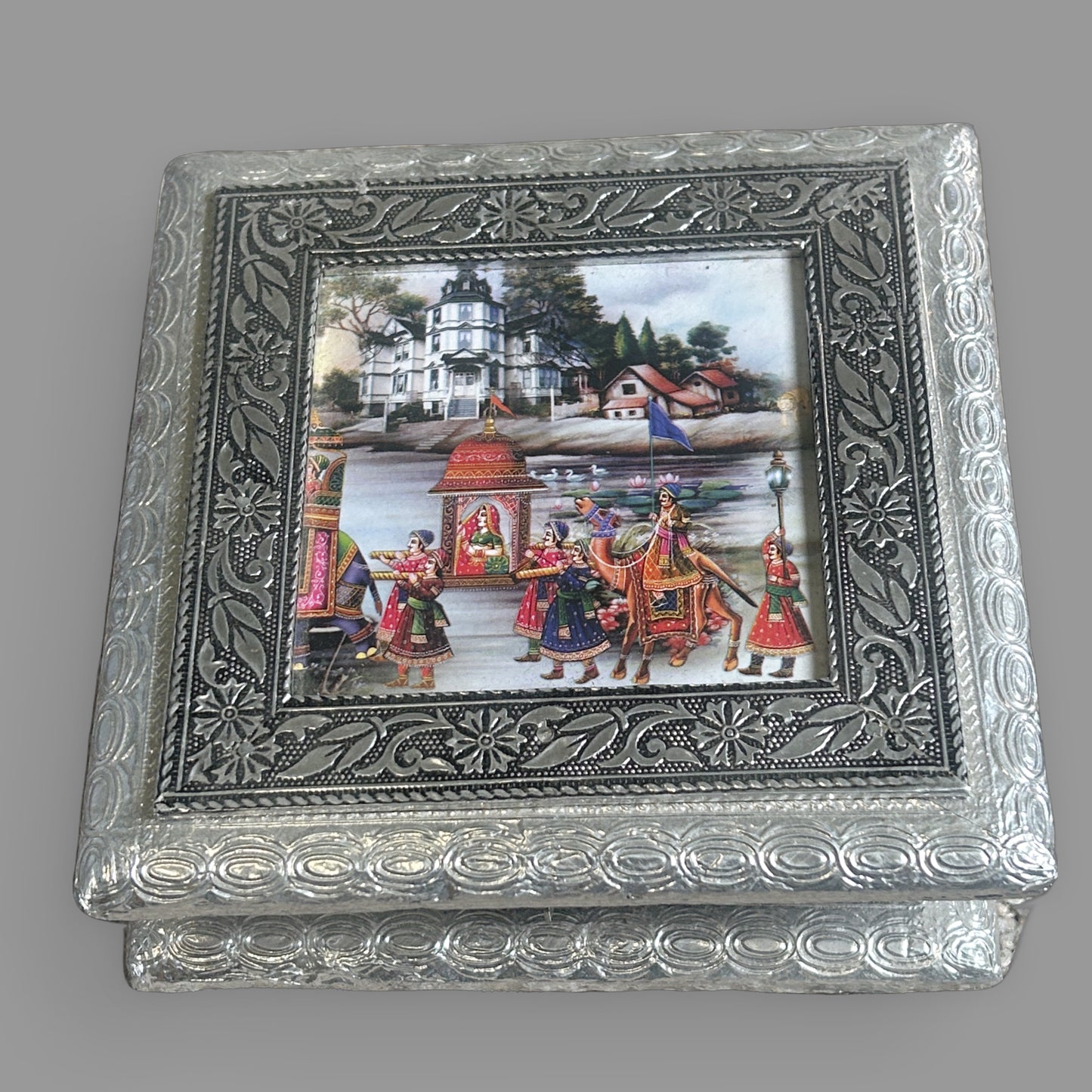Handmade Indian Meenakari Trinket Box — Ornate Silver Metal & Painted Lid — detail view