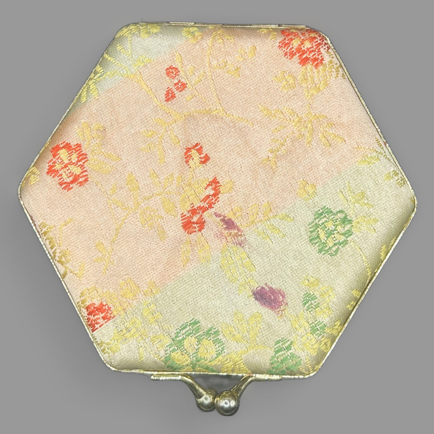 Vintage Hexagonal Silk Brocade Jewelry Box — Floral Gold Thread, Kiss-Lock Clasp — detail view