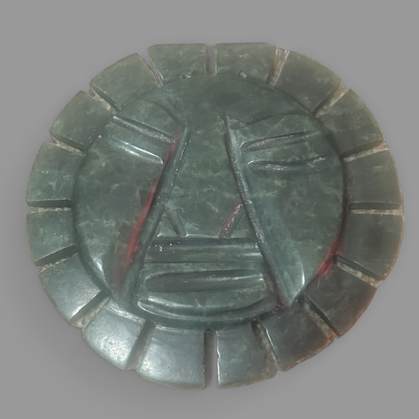 Hand-Carved Green Stone Incan / Aztec Sun Deity Sculpture — detail view