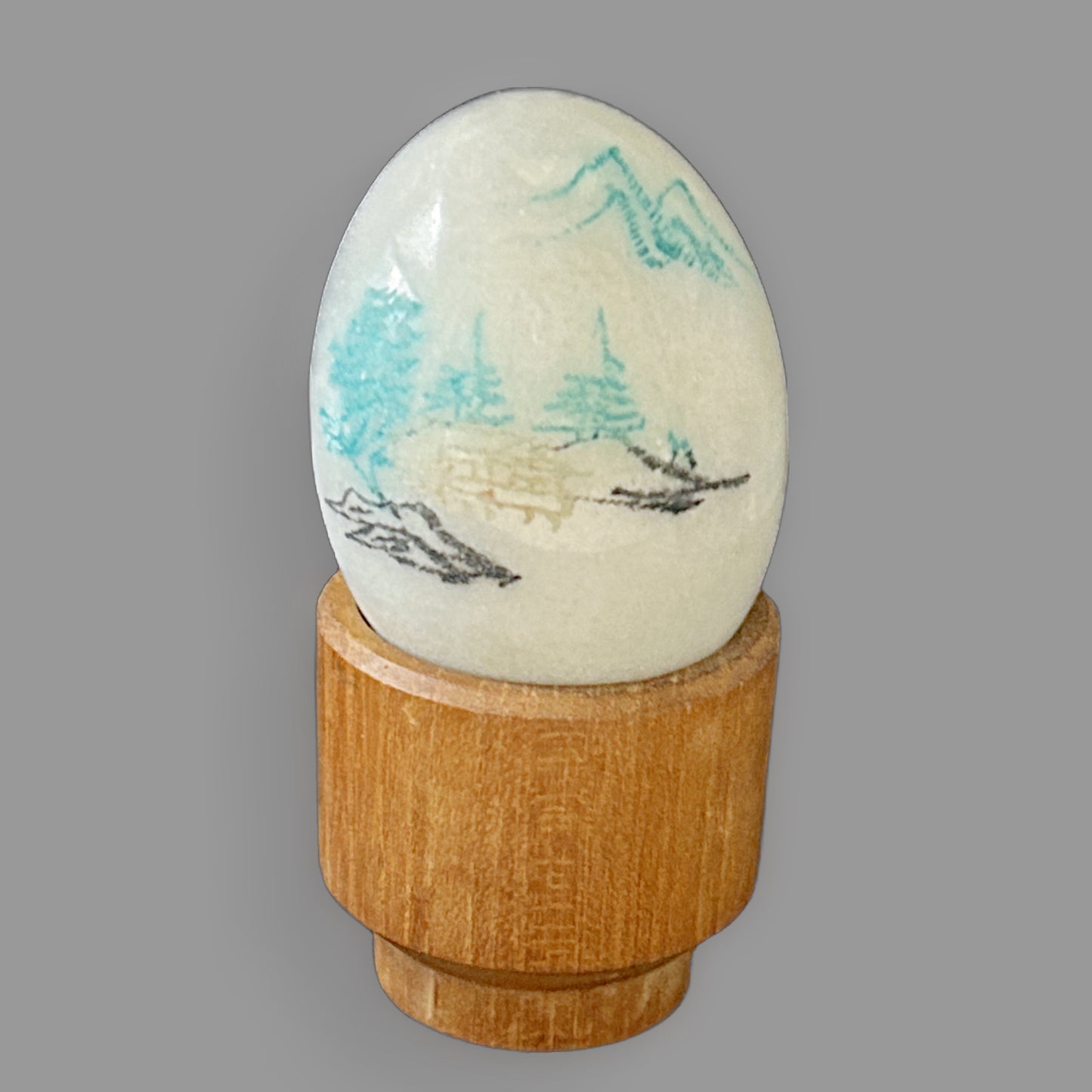Hand Painted Marble Egg with Wooden Stand — Natural Stone Curio — detail view