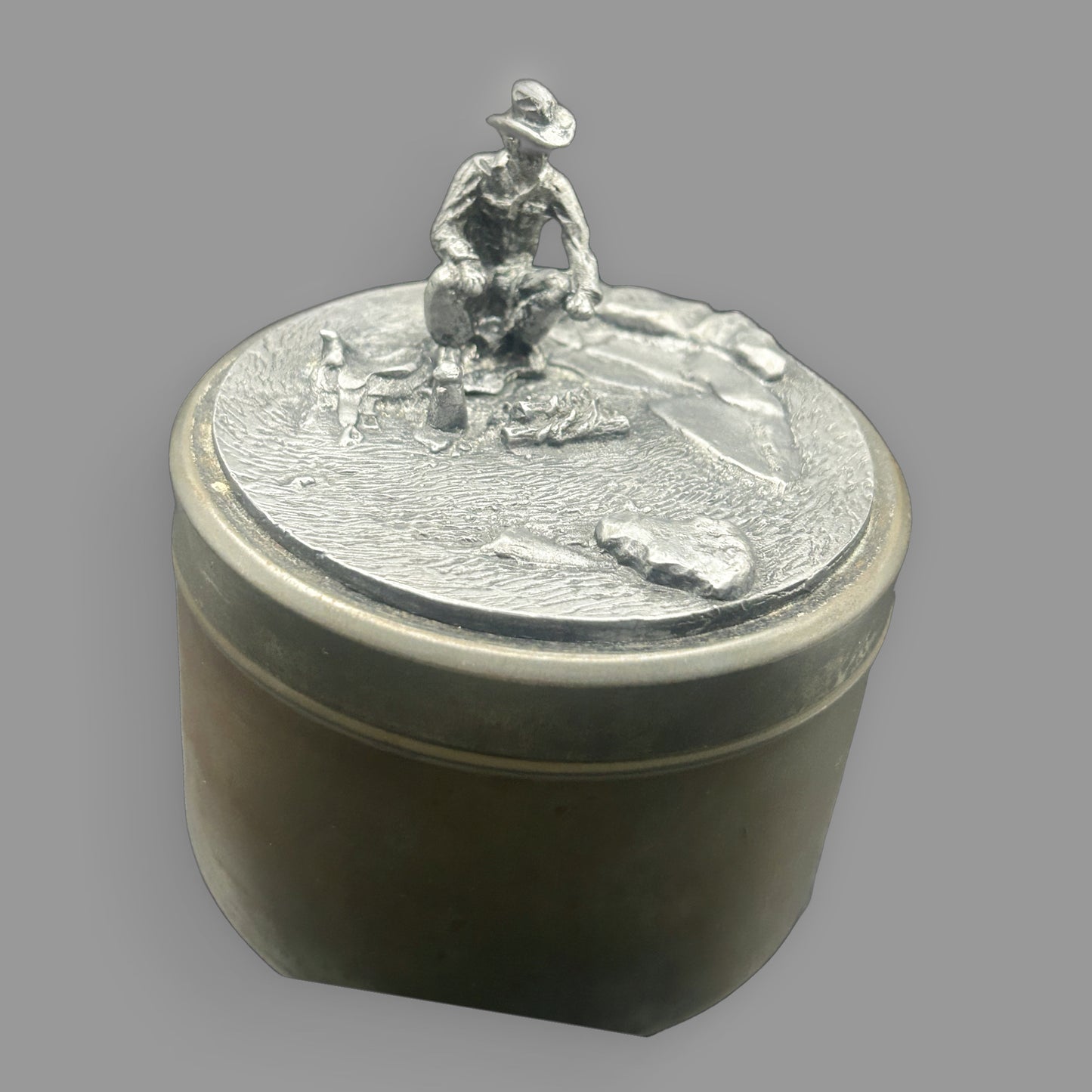Vintage Metzke Pewter Trinket Box — Western Campfire Scene — detail view