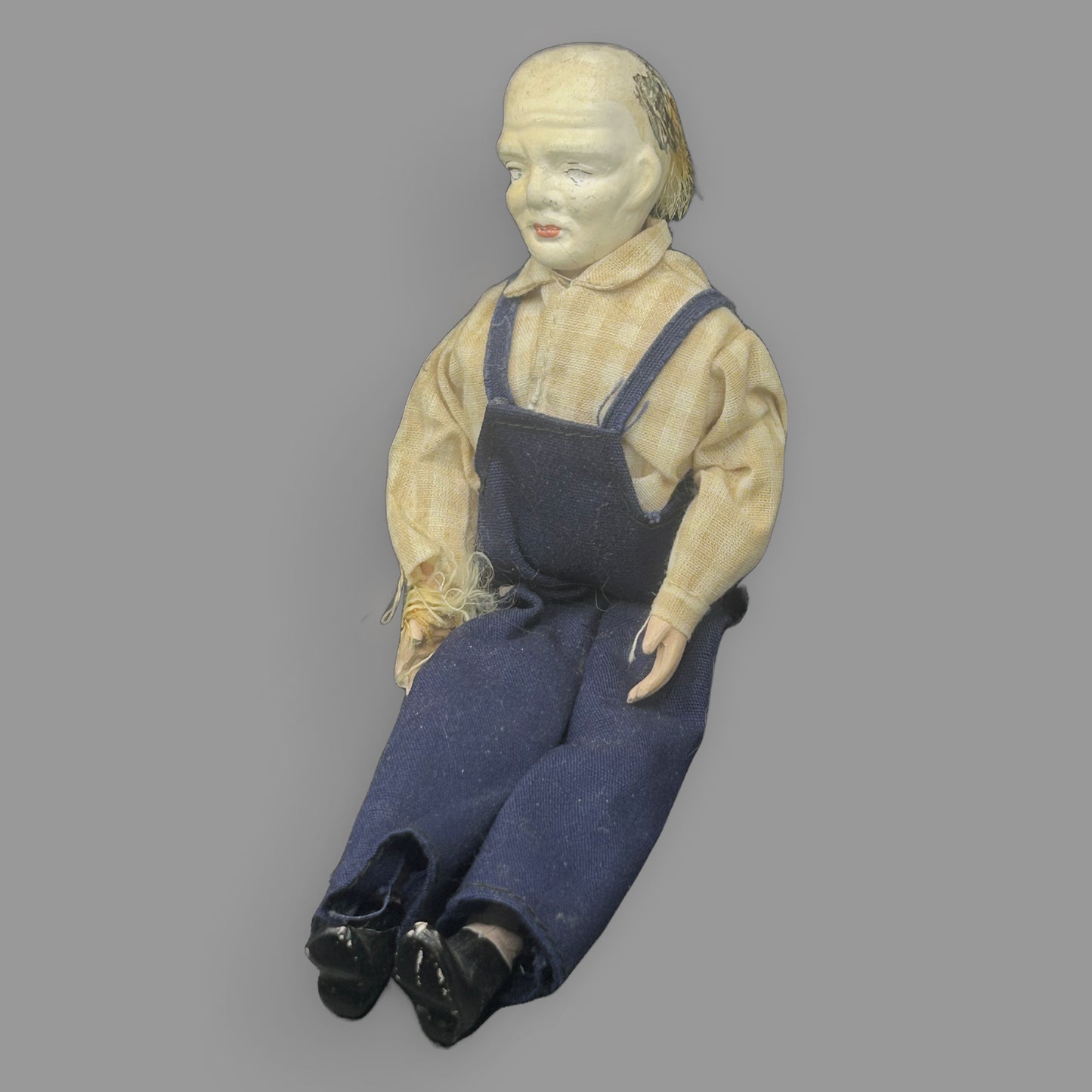 Vintage Composition Old Man Doll — Overalls, Folk Character Figure — detail view