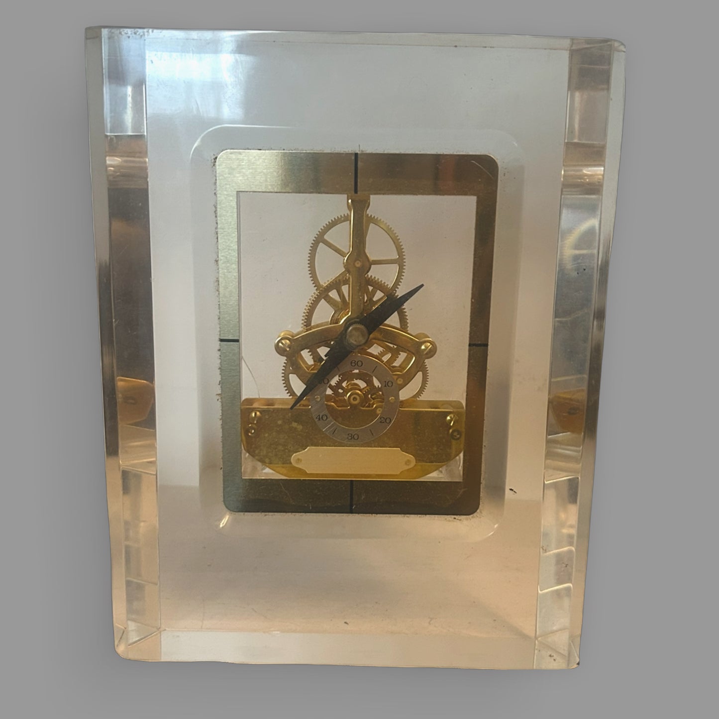 Vintage 1980s Seiko Quartz Lucite Skeleton Mantel Clock — detail view