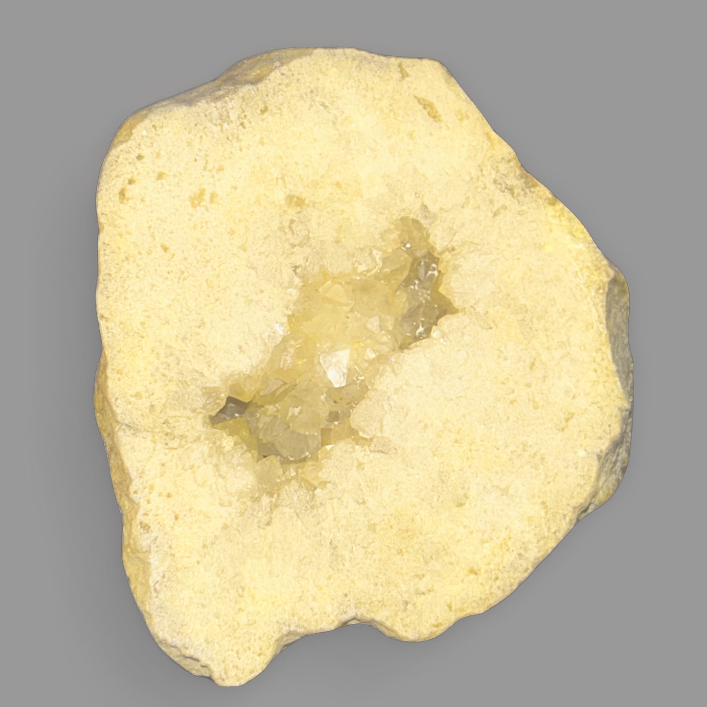 Calcite Geode — Crystal Interior, Earthy Exterior, 501g — detail view