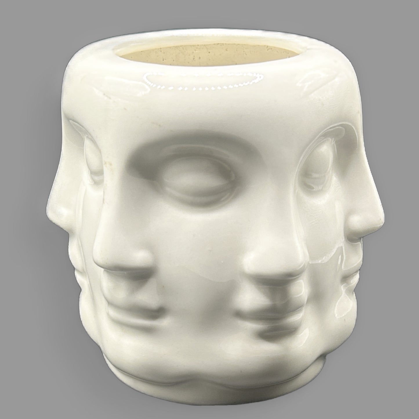 Vintage Fornasetti Style Perpetual Face Ceramic Vase — Surrealist Art Pot — detail view