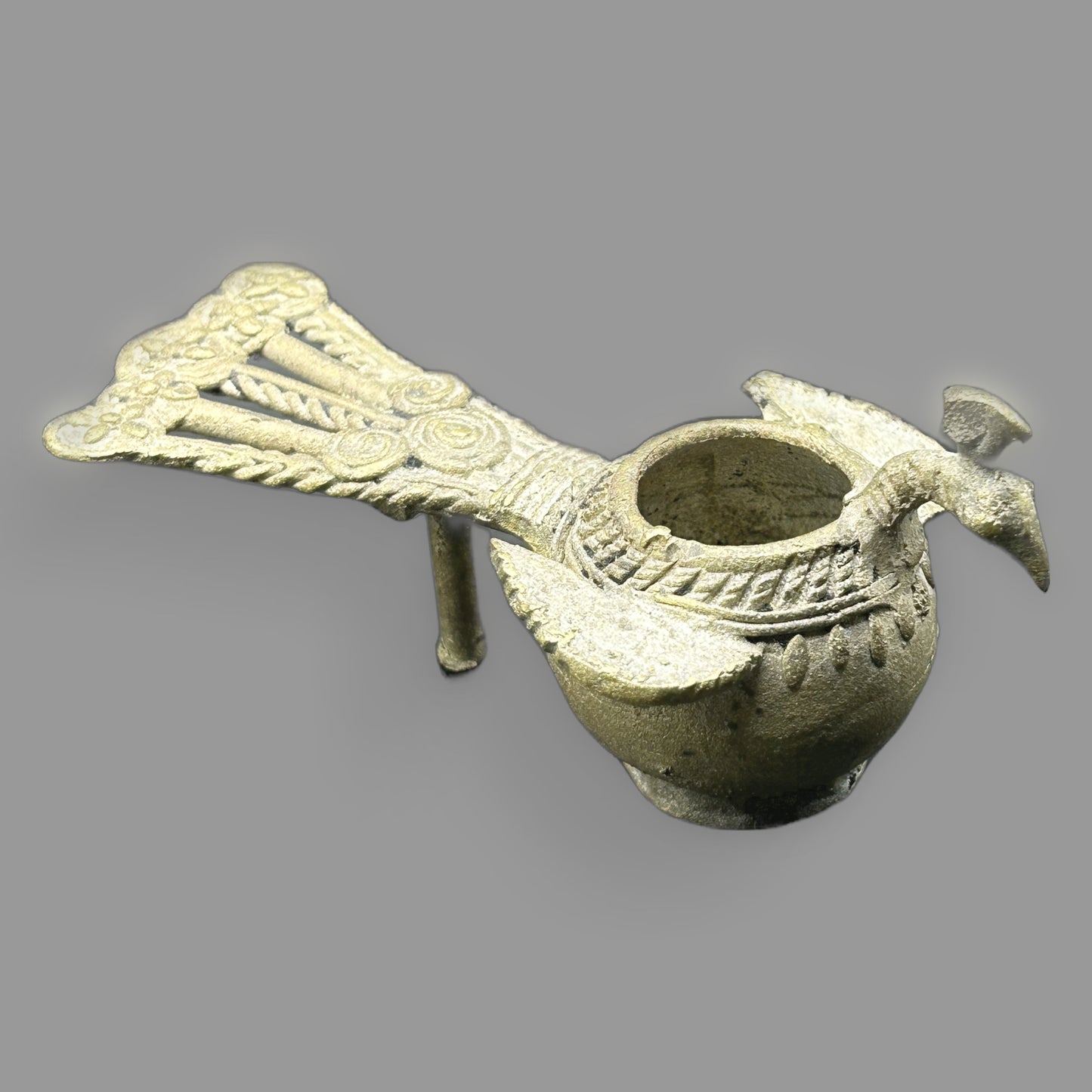 Vintage Indian Bronze Peacock Oil Lamp (Diya) — detail view