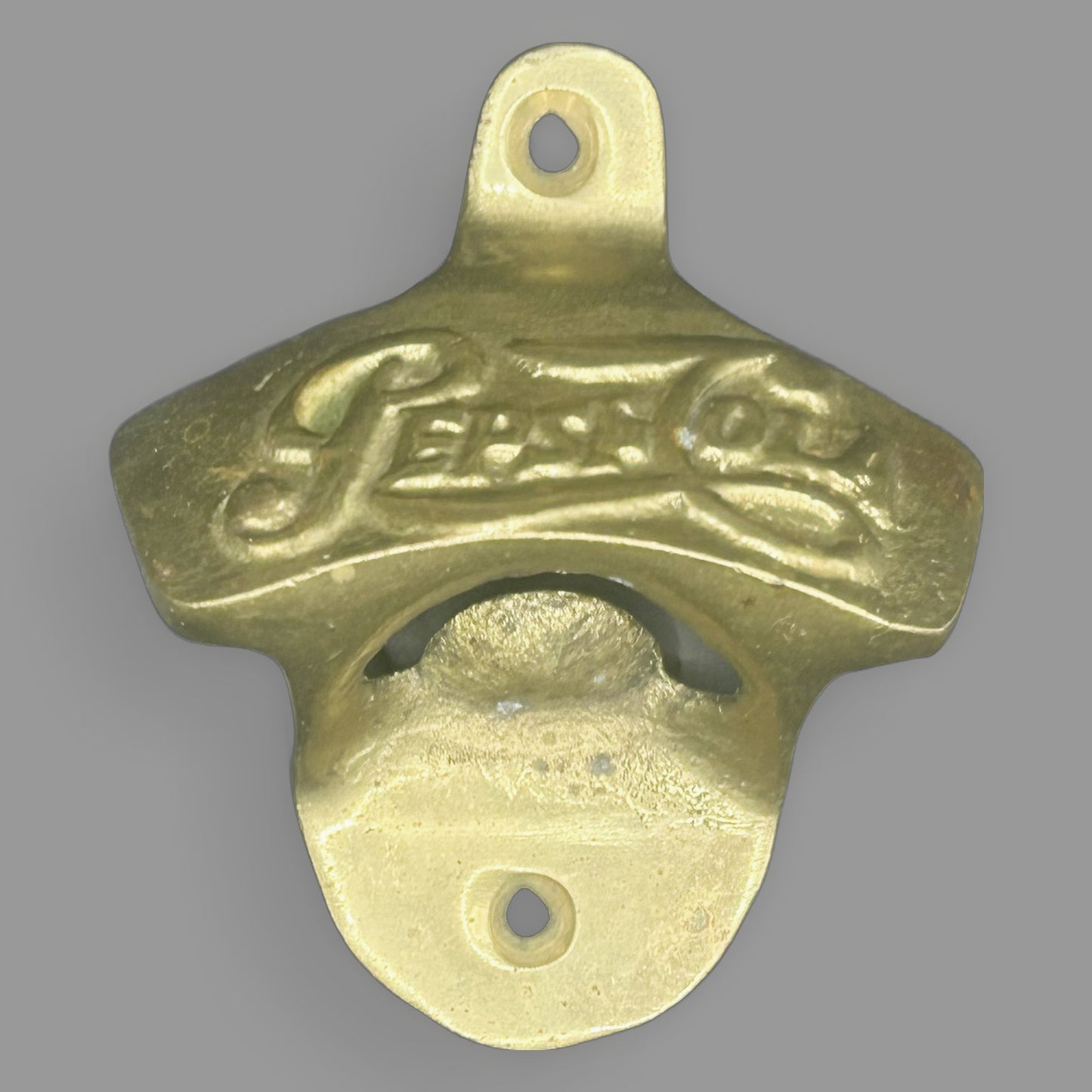 Pepsi-Cola Brass Wall-Mount Bottle Opener — Vintage Advertising Hardware — detail view