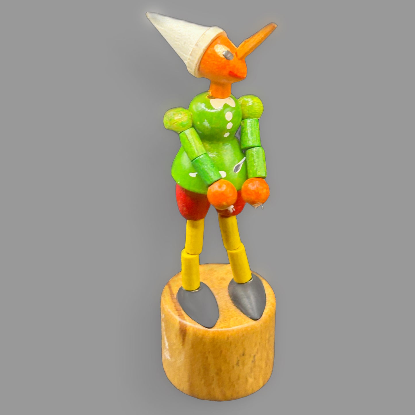 Vintage Wooden Pinocchio Push Puppet — Hand-Painted, Collapsible Figure — detail view
