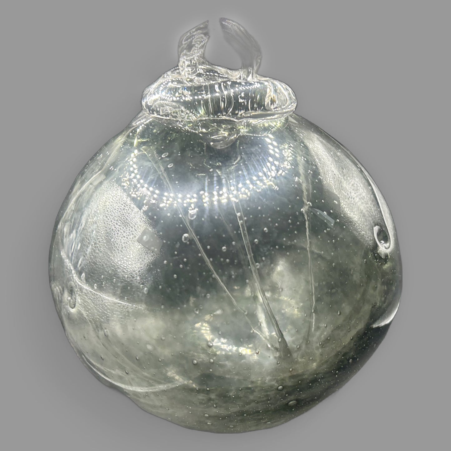 Hand-Blown Glass Witch Ball — Smoky Grey-Green with Interior Strands — detail view