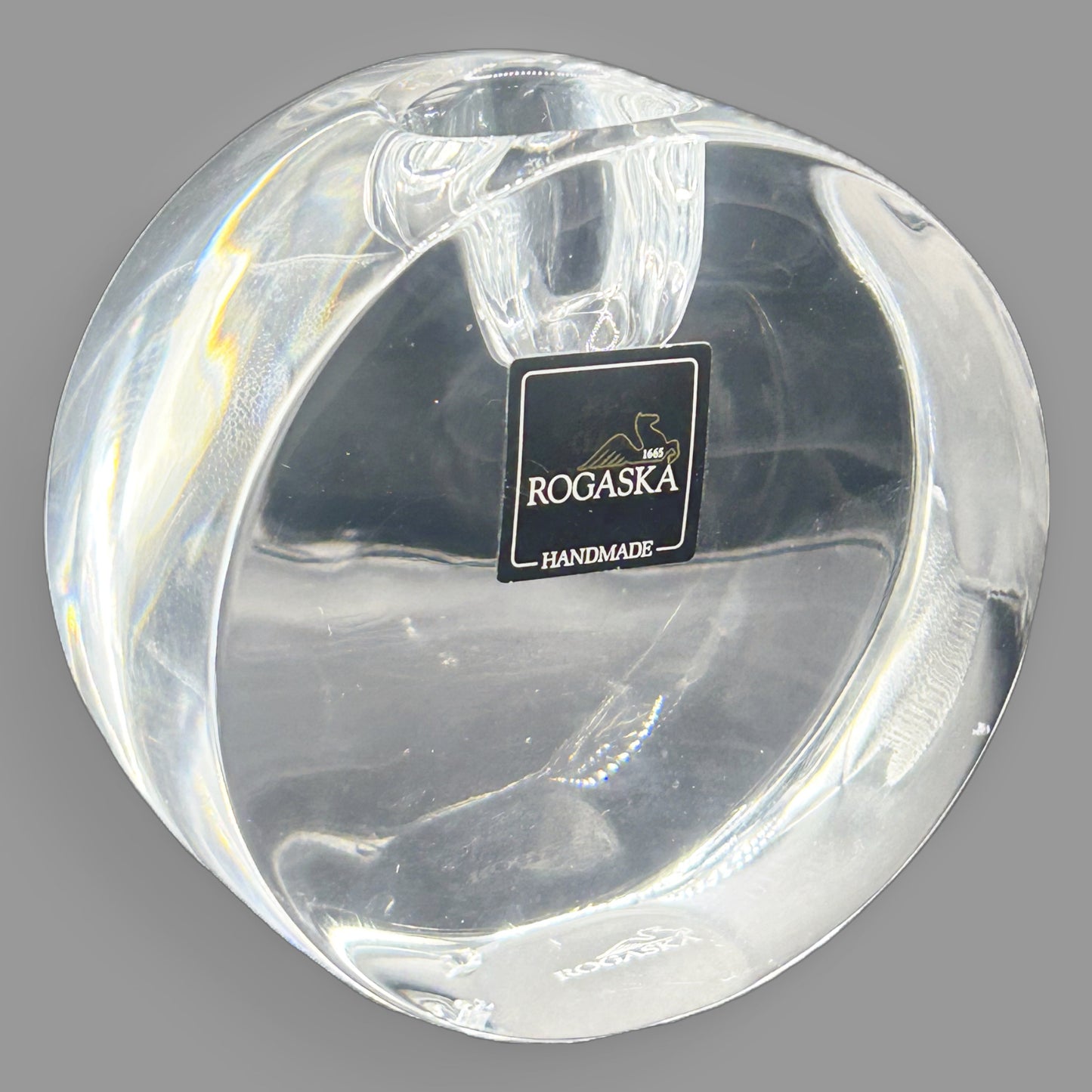 Rogaska Handmade Crystal Votive Candle Holder — Solid Disc Form, Original Label — detail view