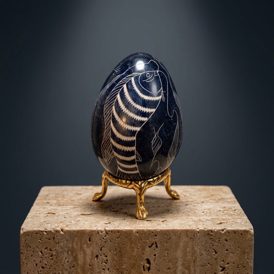 Black Stone Egg with Engraved Fish — Incised White-Fill Carving, 201g — main view