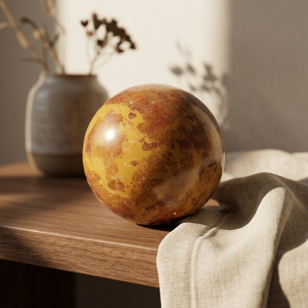 Polished Jasper Sphere — Warm Golden Yellow & Brown, 649g (1.43 lb) — detail view