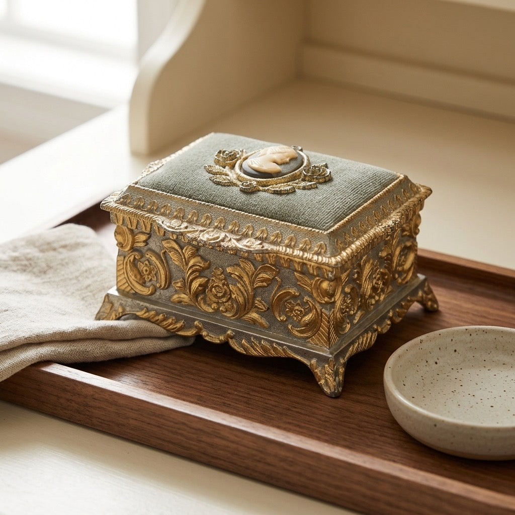 Vintage Sankyo Japan Metal Musical Jewelry Box — Wind-Up — detail view