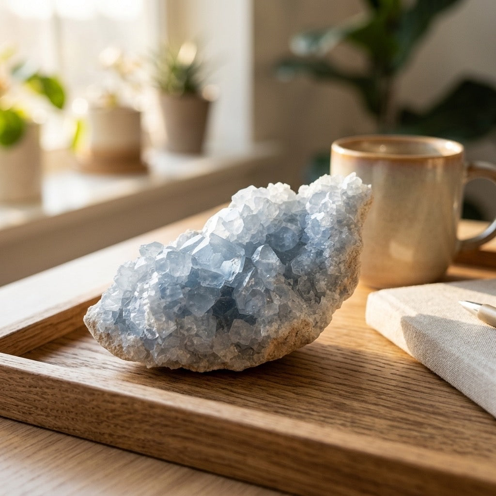 Blue Celestite Crystal Cluster — Pale Sky Blue, Natural Formation, 389g — detail view