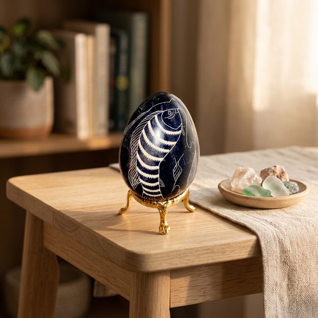 Black Stone Egg with Engraved Fish — Incised White-Fill Carving, 201g — detail view