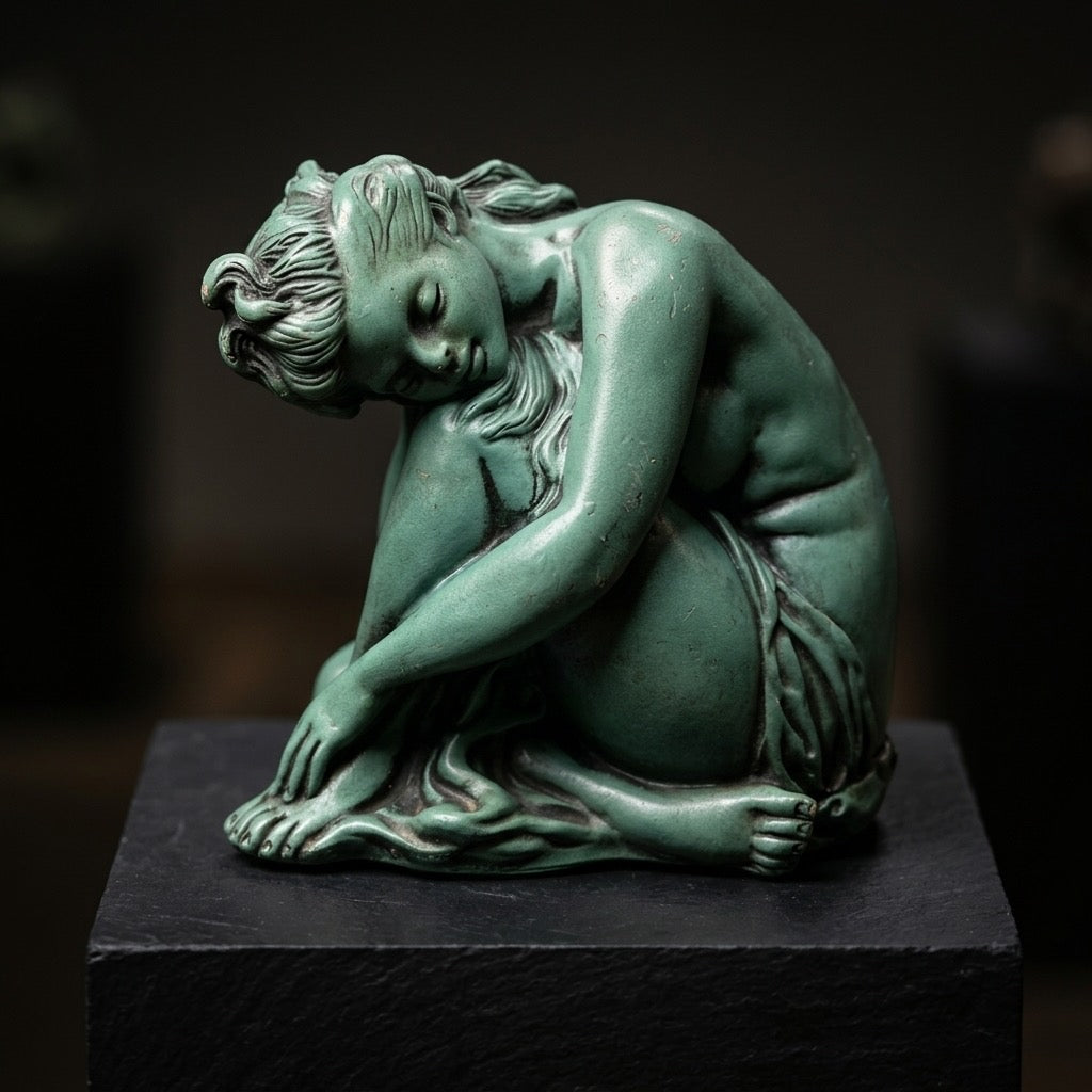Verdigris Seated Nude Female Statue — detail view