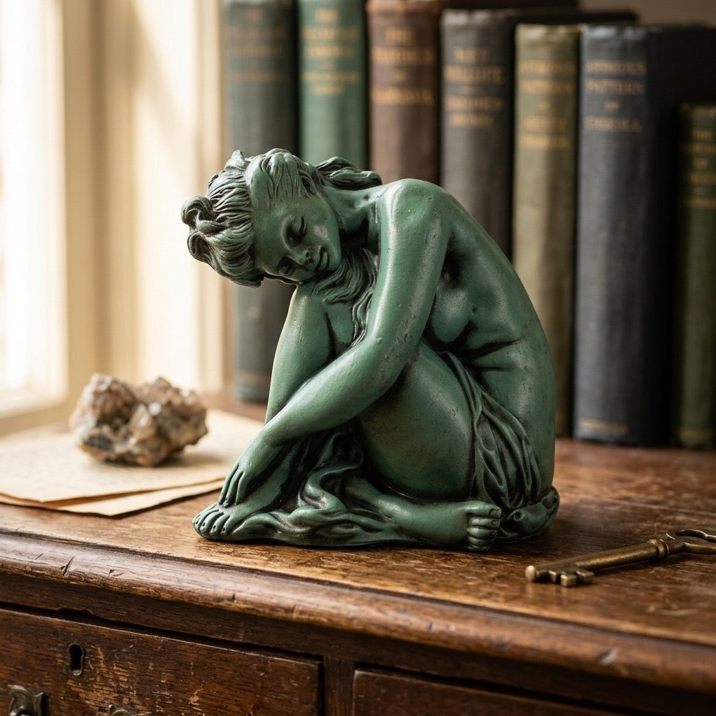 Verdigris Seated Nude Female Statue — detail view