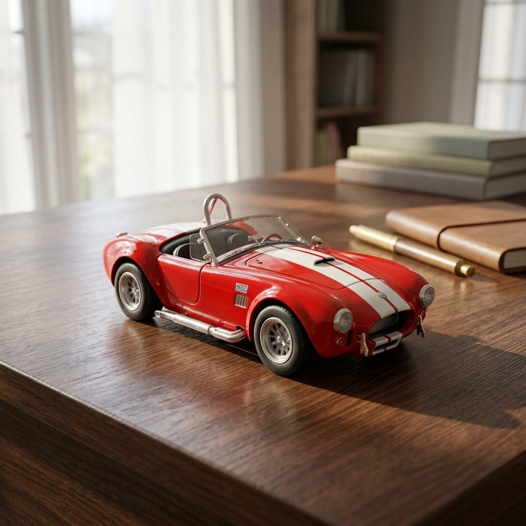 Maisto 1:24 Shelby Cobra 427 S/C Diecast — Red with White Stripes, Opening Hood — detail view