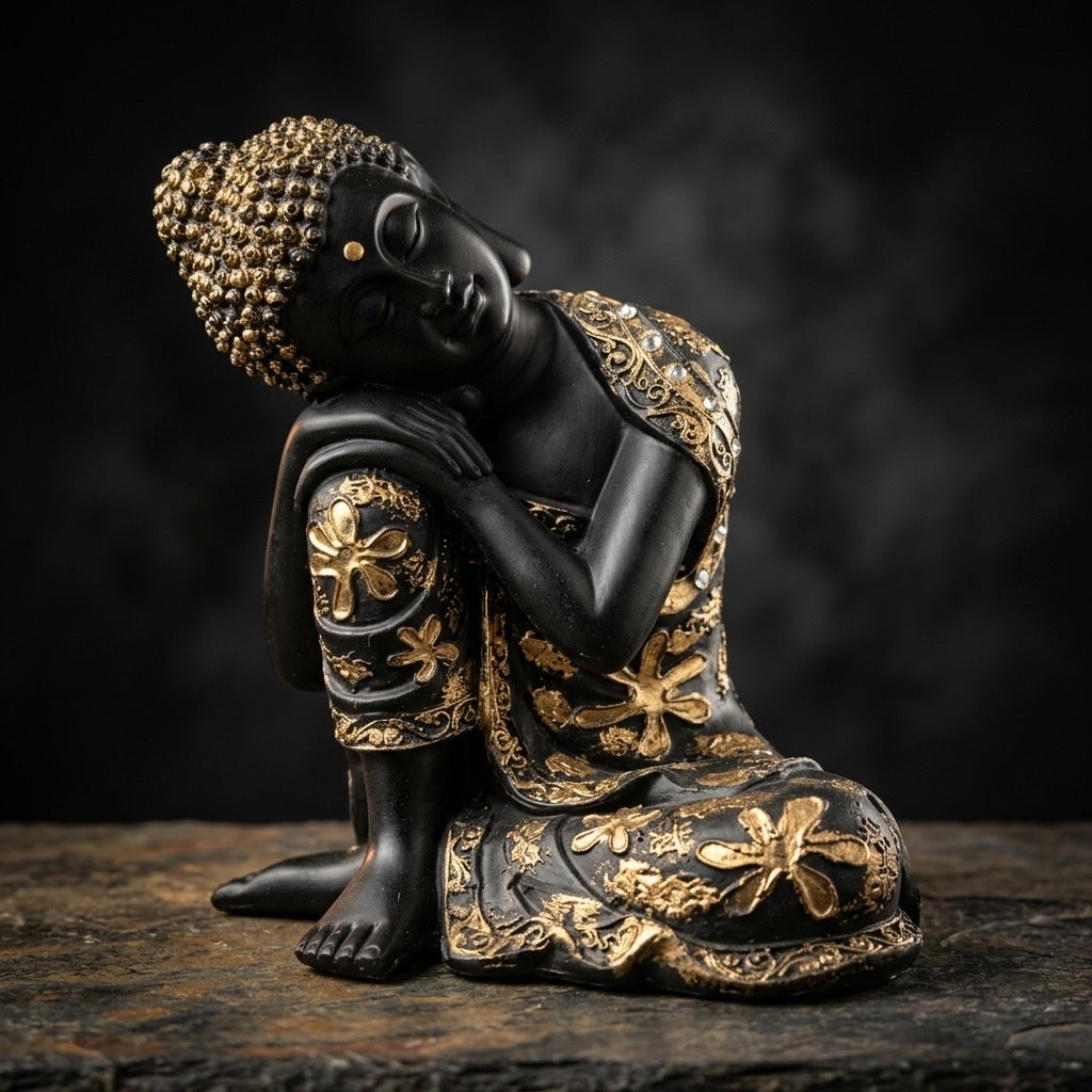 Black & Gold Resting Buddha Statue with Floral Robe Detail — detail view