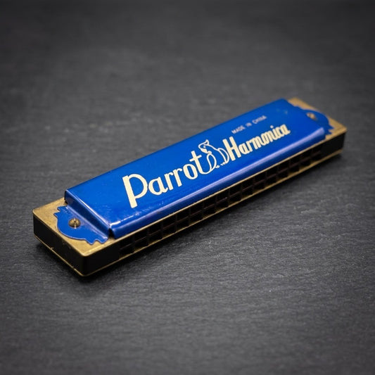 Parrot Vintage 32-Hole Harmonica — Blue with Gold Accents, Tremolo Style — main view