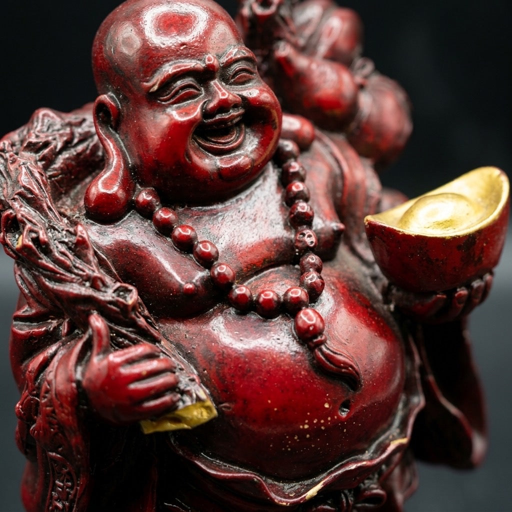 Red Cinnabar-Style Laughing Buddha Statue with Gold Ingot & Sack — detail view