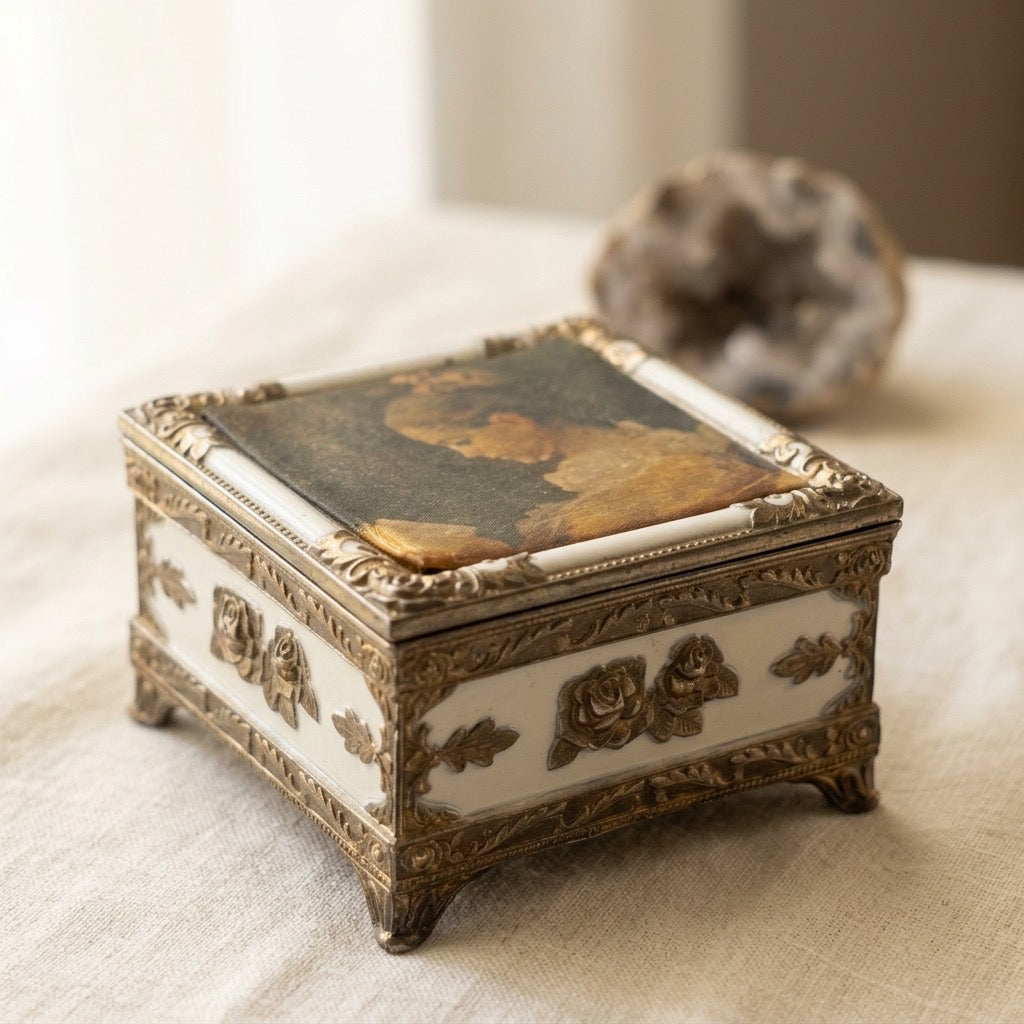 Vintage Hinged Trinket Box — “Girl Reading” Fabric Lid — Gold-Tone Trim — detail view