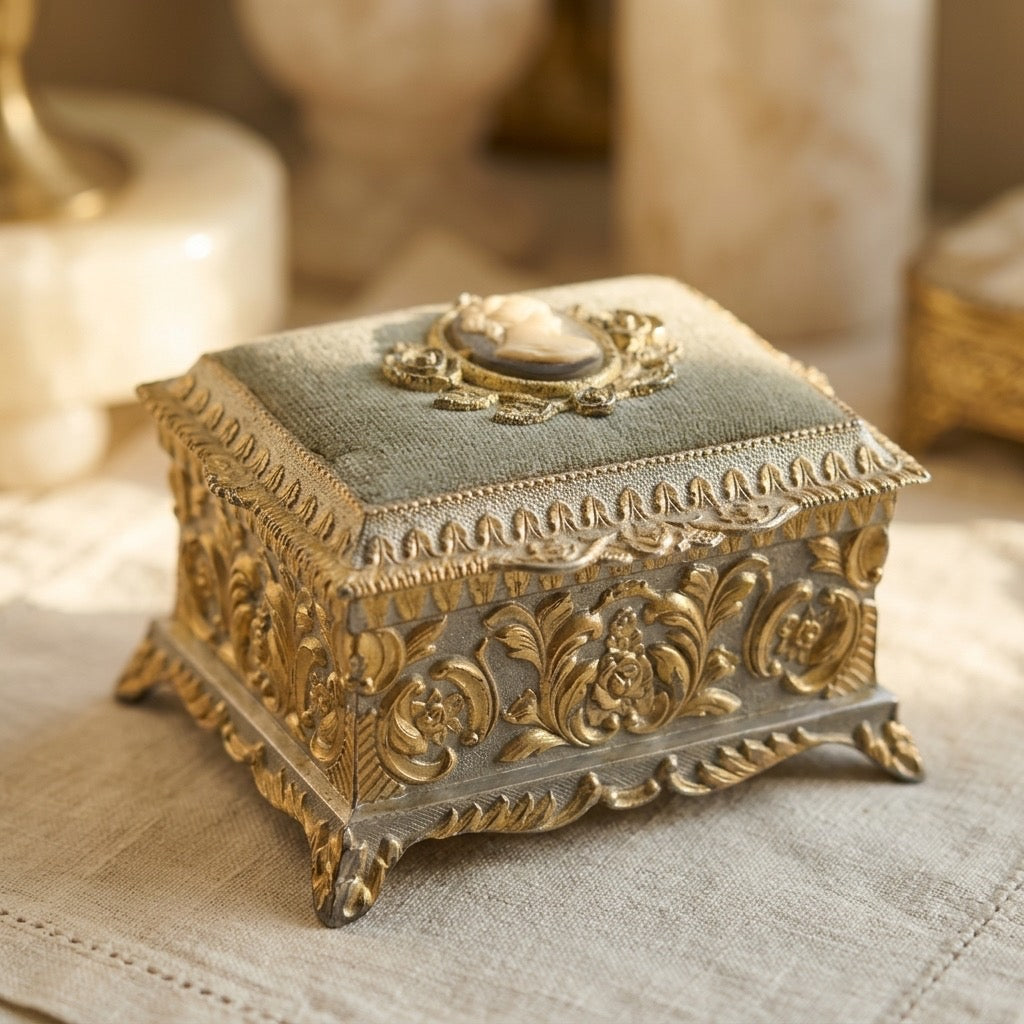 Vintage Sankyo Japan Metal Musical Jewelry Box — Wind-Up — detail view
