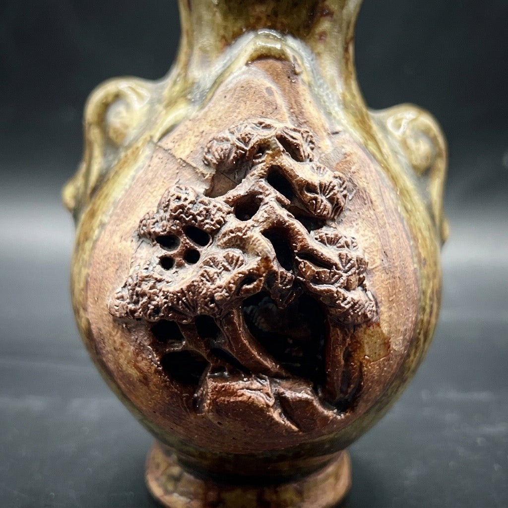 Vintage Japanese Banko Ware Miniature Vase — Hand-Carved 3D Scenic Relief — detail view