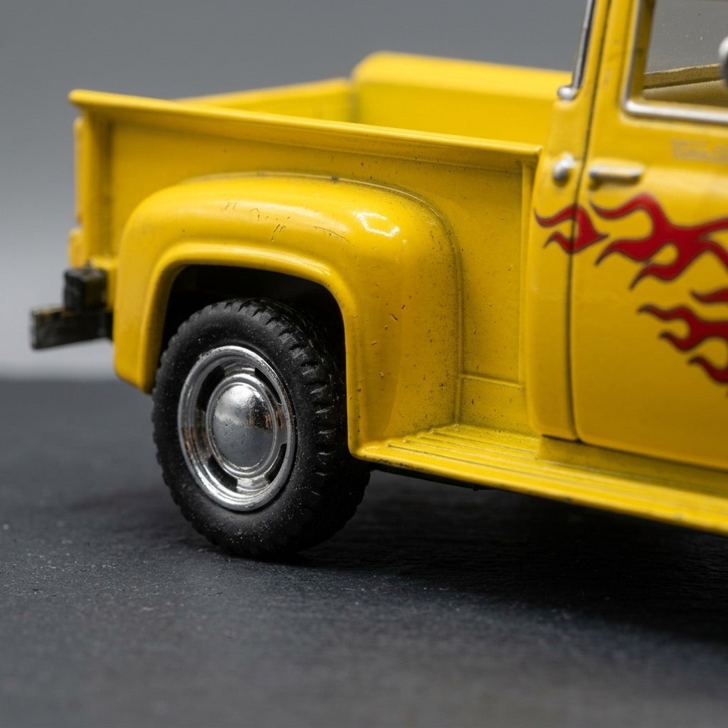 Jada Toys 1956 Ford F-100 Pickup Diecast — Yellow with Flame Detail, Wood-Look Bed — detail view