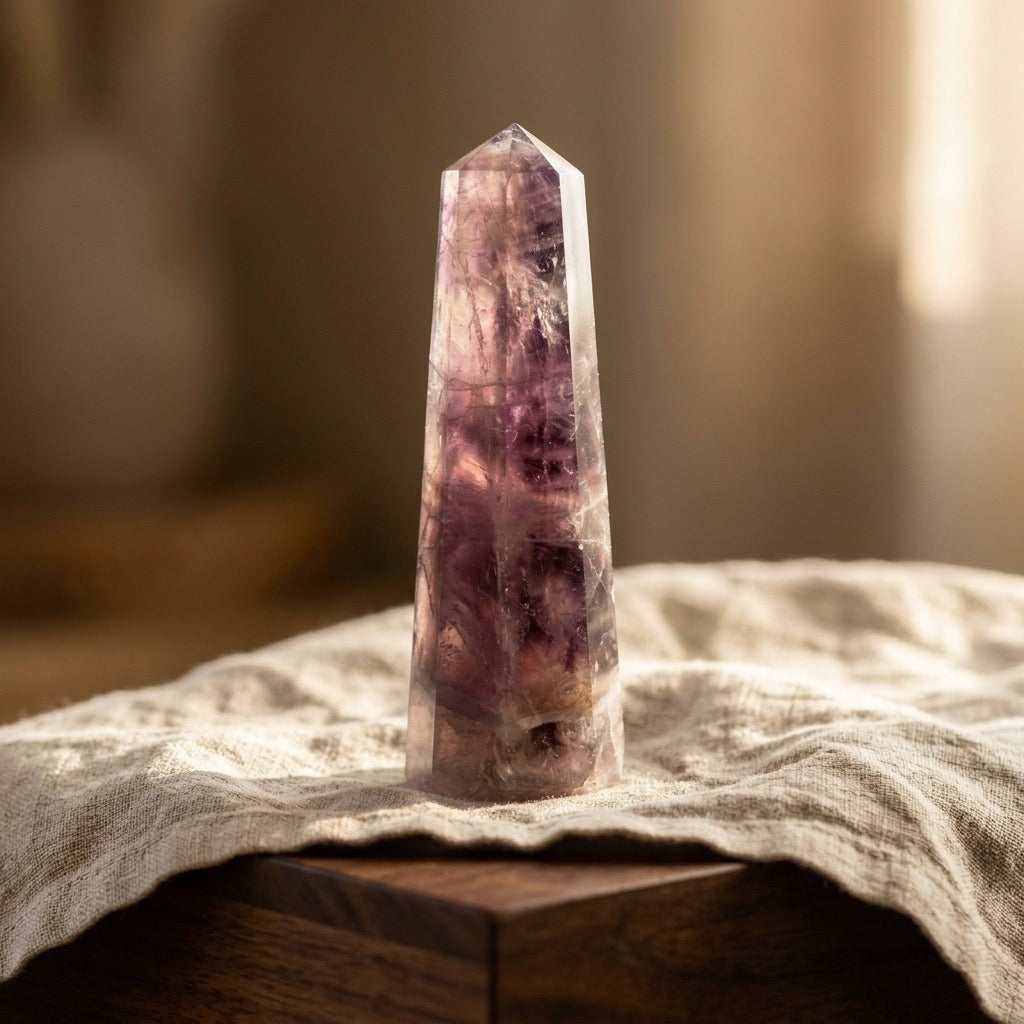 Purple Fluorite Tower Point — Polished Lapidary, Color-Zoned Violet, Natural Mineral — detail view
