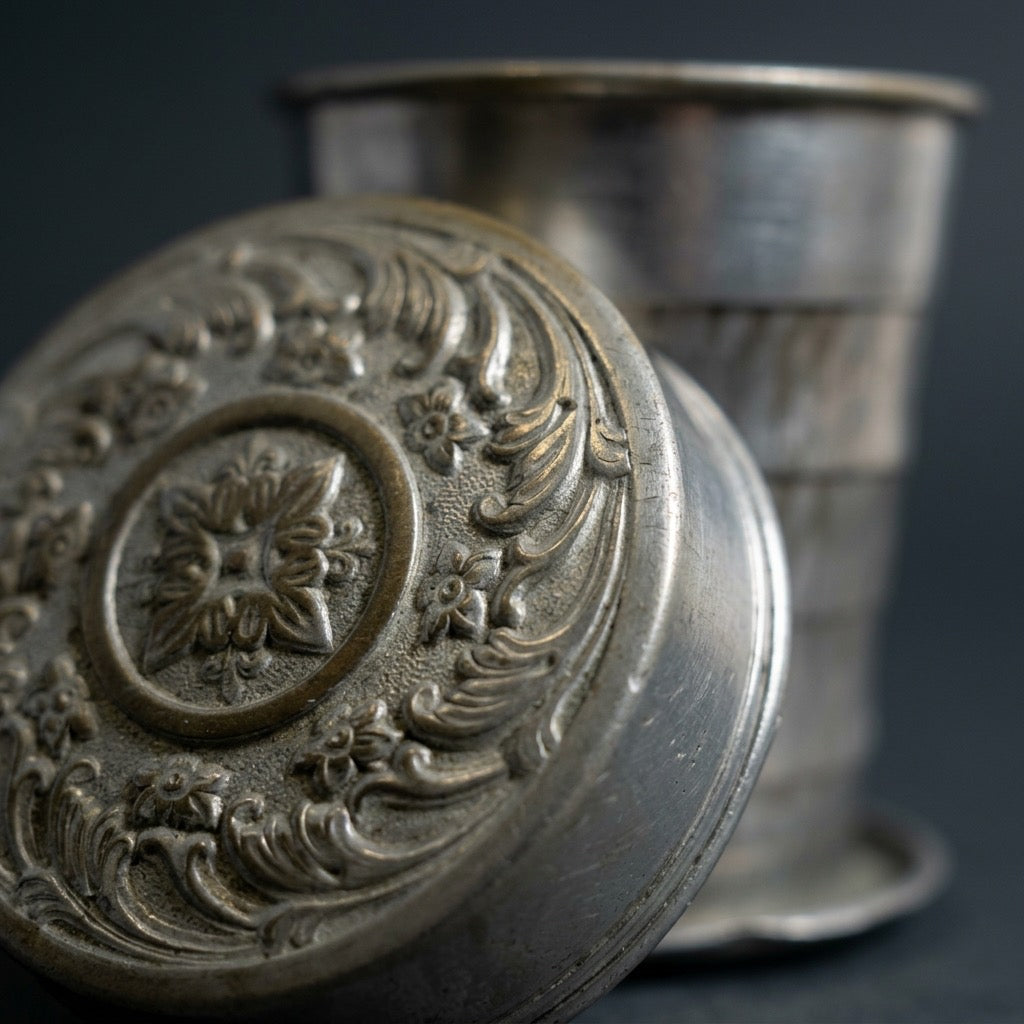Antique Victorian Collapsible Metal Travel Cup — detail view