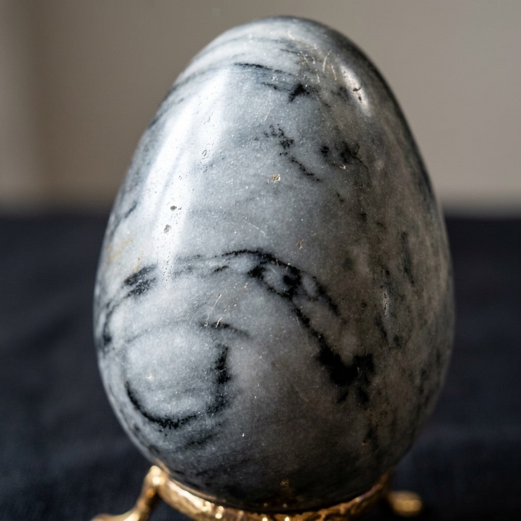 Gray & Black Veined Marble Stone Egg — Bold Veining, Polished, — main view