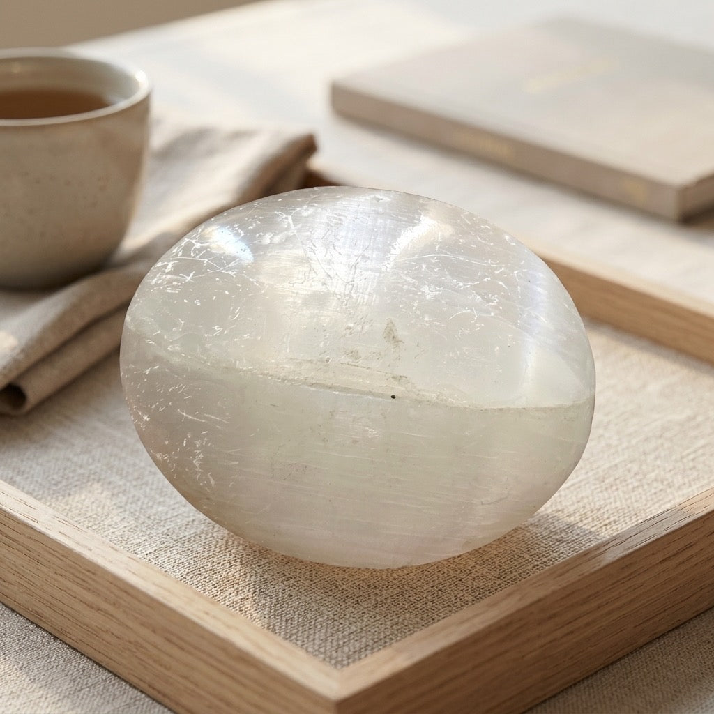 Polished Selenite Sphere — Satin Translucence, Soft Glow, 95g — detail view