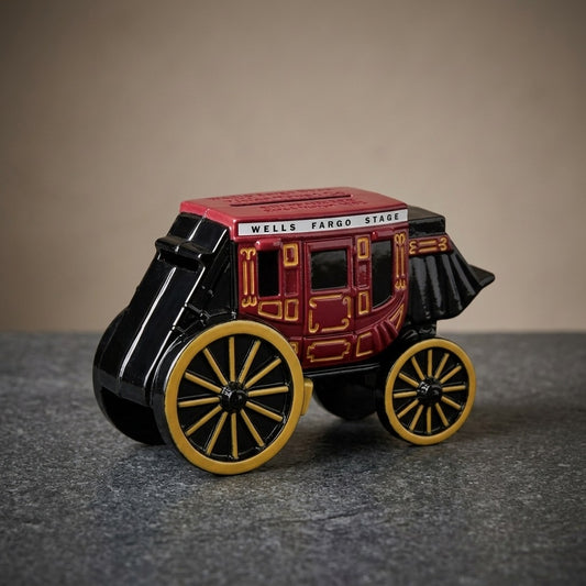 Wells Fargo Stagecoach Cast Iron Coin Bank — Red, Black & Yellow — main view