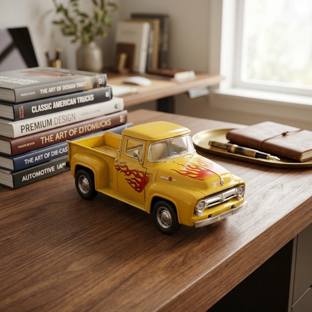 Jada Toys 1956 Ford F-100 Pickup Diecast — Yellow with Flame Detail, Wood-Look Bed — detail view