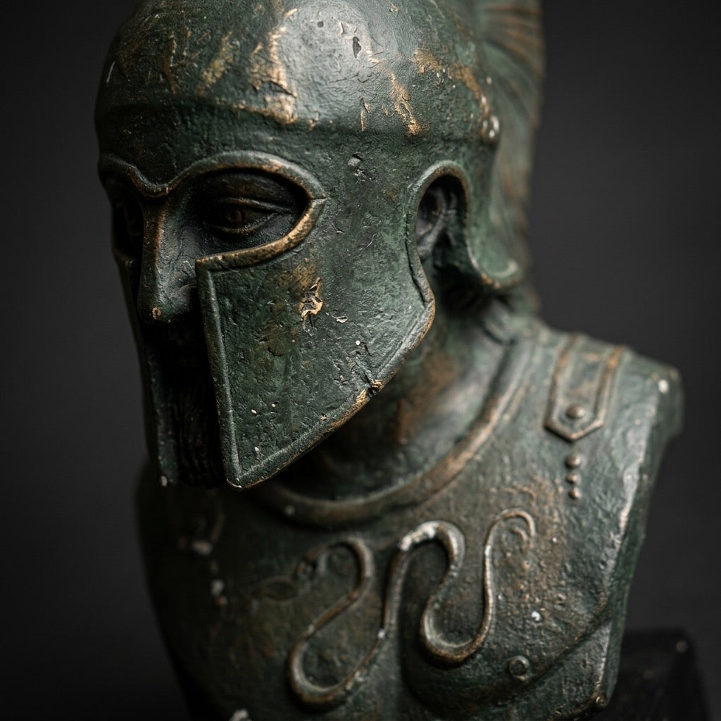 Spartan Warrior Bust — Weathered Greek-Style Statue — detail view