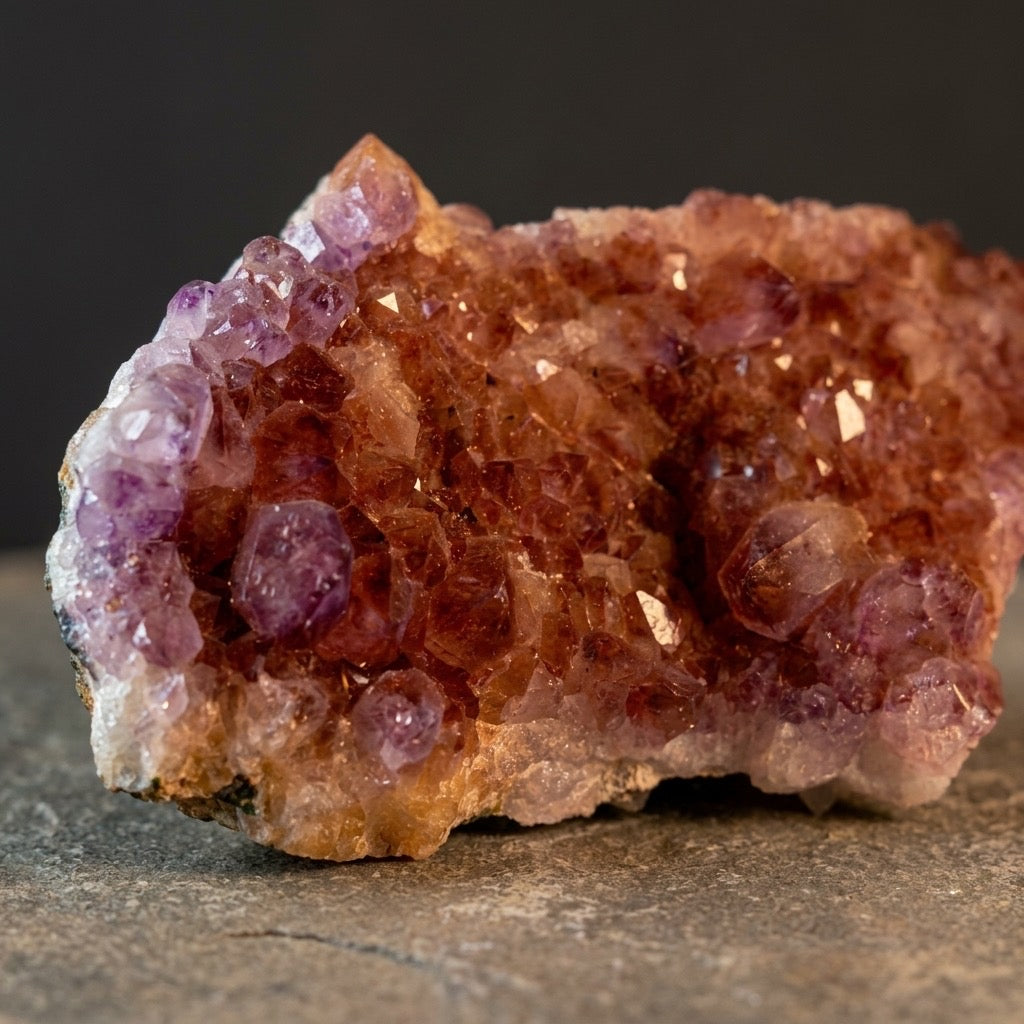 Red Cap Amethyst — Hematoid Quartz Crystal Cluster, Iron Inclusions, 2.78 lbs — detail view