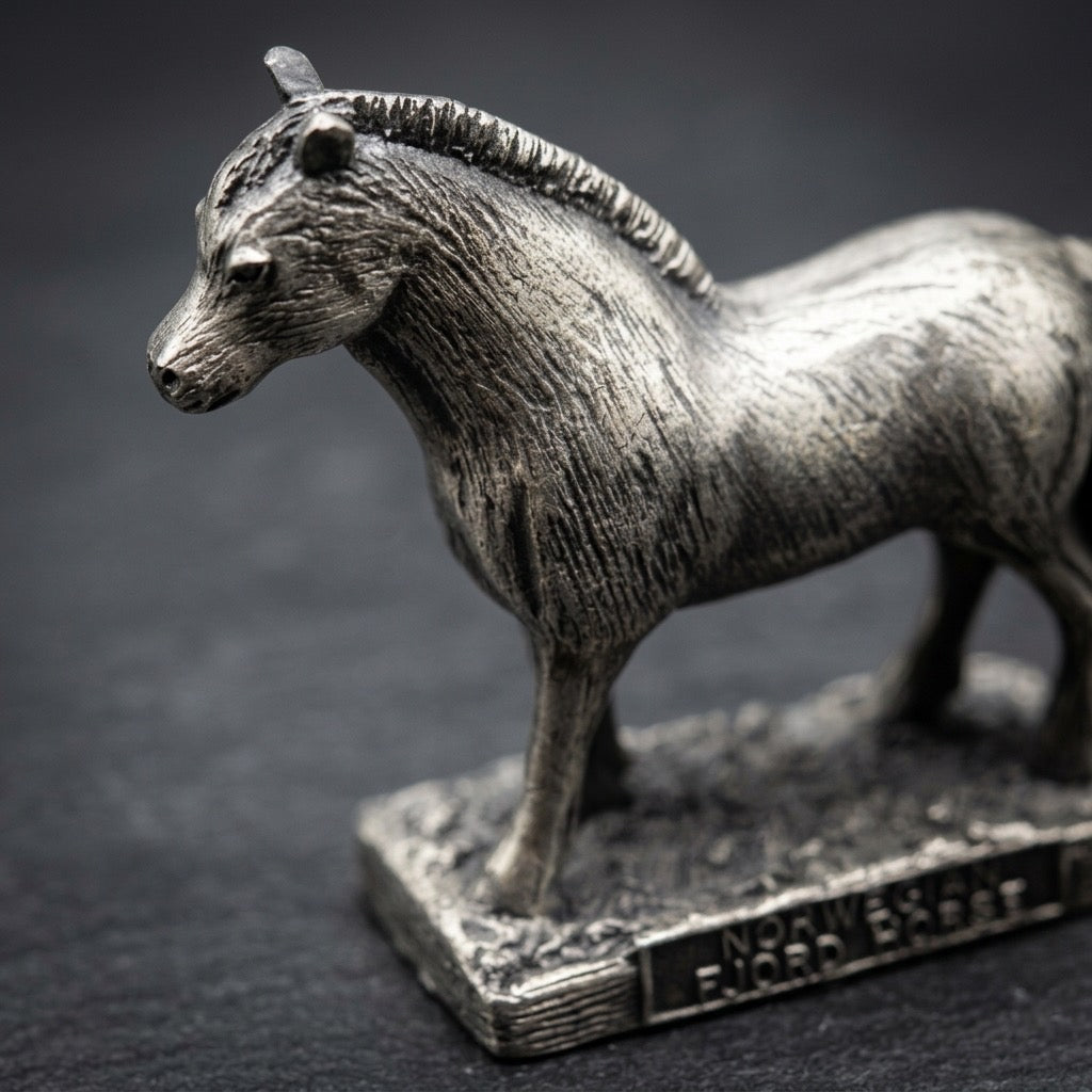 Norwegian Fjord Horse Metal Figurine — Scandinavian Breed Collectible — detail view