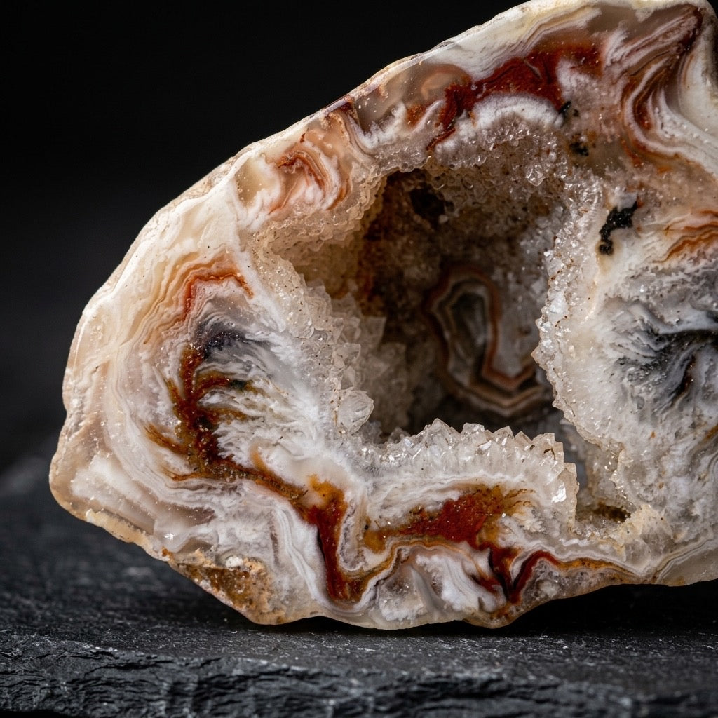 Polished Agate Geode — Wild Swirling Banding, Druzy Crystal Cavity, Red & Blue-Grey — detail view