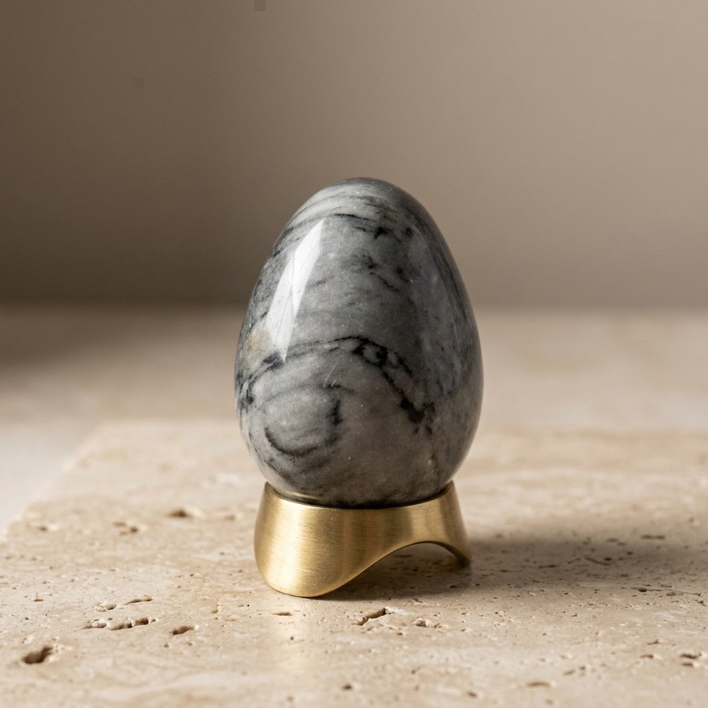 Gray & Black Veined Marble Stone Egg — Bold Veining, Polished, — detail view