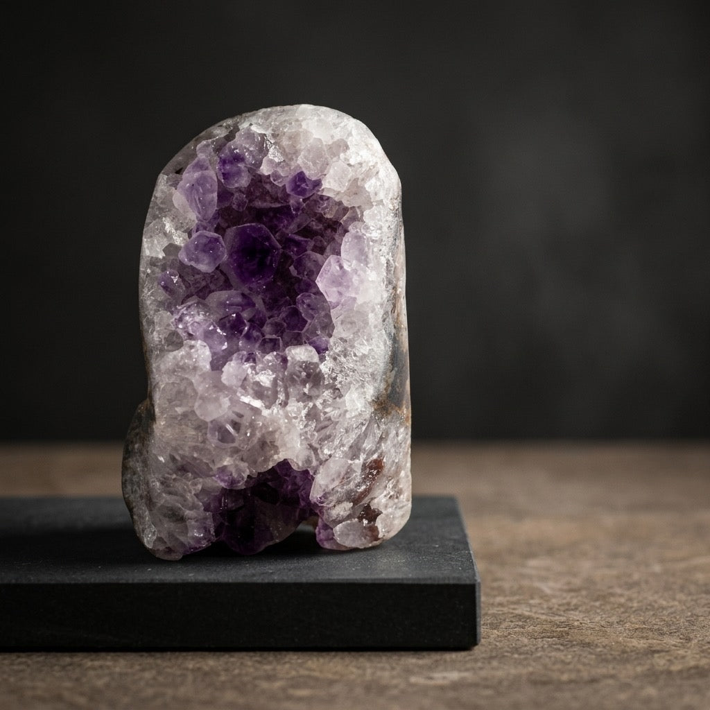 Amethyst Cathedral Geode — Freestanding, Deep Violet Crystal Interior, Polished Base — main view