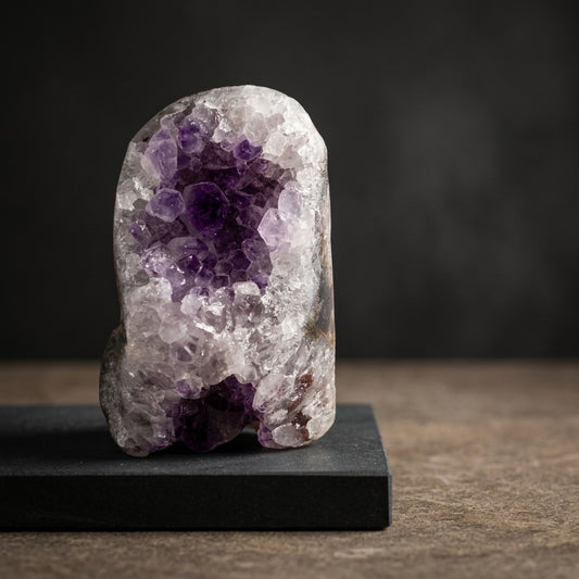 Amethyst Cathedral Geode — Freestanding, Deep Violet Crystal Interior, Polished Base — main view