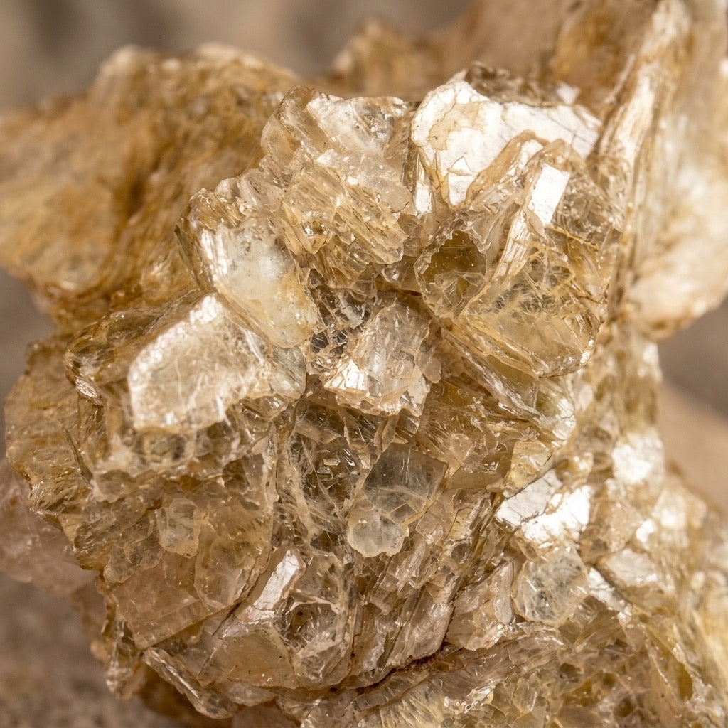 Muscovite Mica Specimen — Golden Layered Mica Book, Natural Crystal Form — detail view