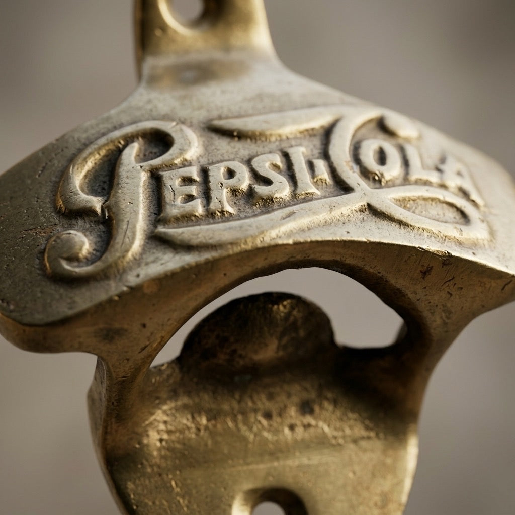 Pepsi-Cola Brass Wall-Mount Bottle Opener — Vintage Advertising Hardware — detail view