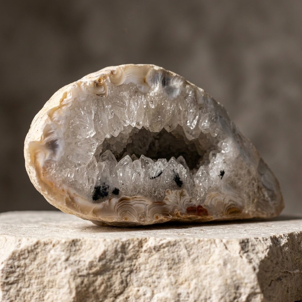 Agate Geode Half — Banded Chalcedony & Quartz Druzy — detail view