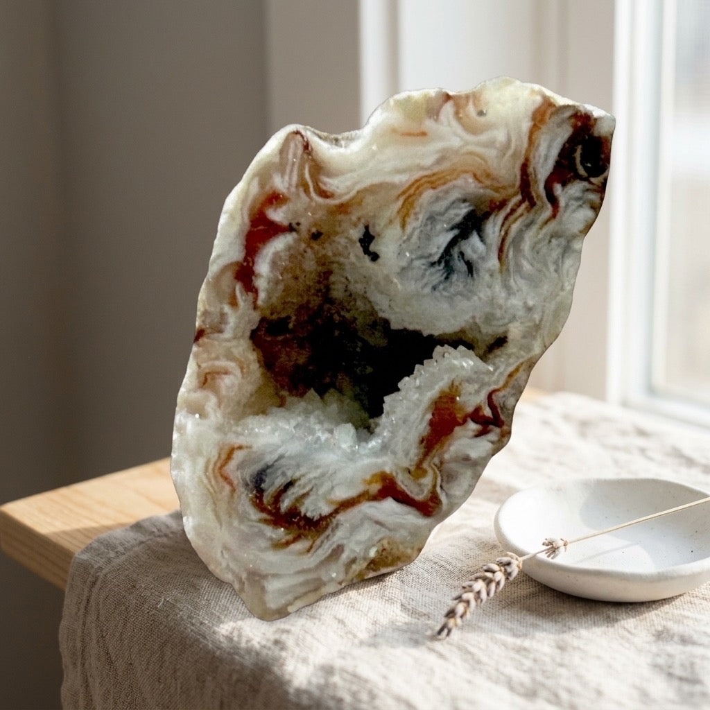 Polished Agate Geode — Wild Swirling Banding, Druzy Crystal Cavity, Red & Blue-Grey — detail view