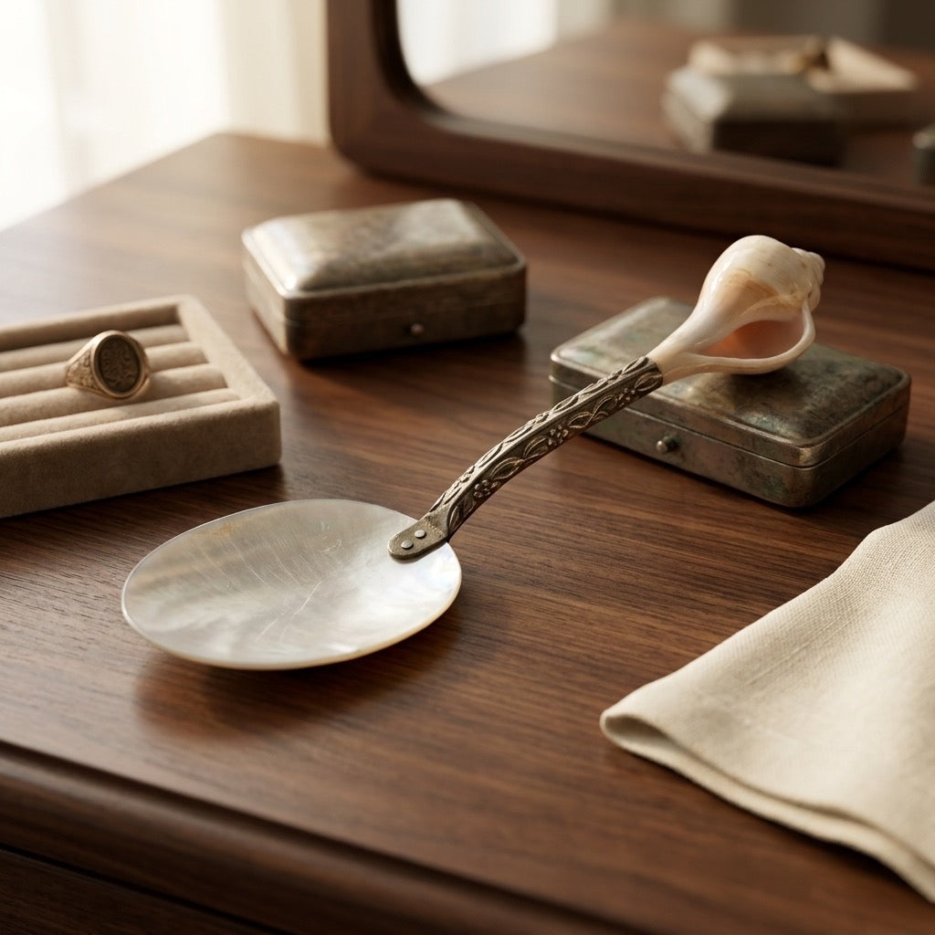 Antique Mother of Pearl and Conch Shell Serving Spoon — detail view