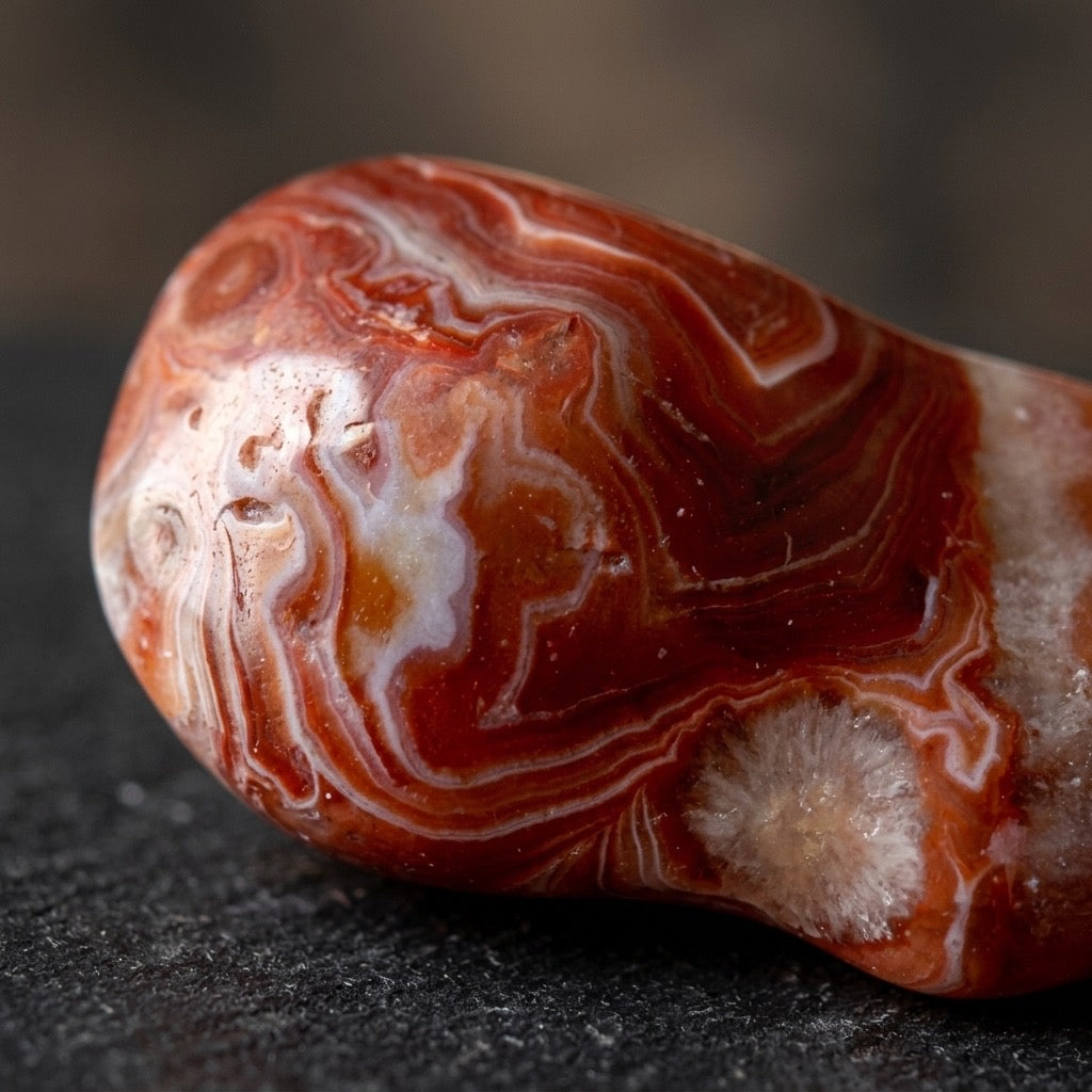 Lake Superior Agate — Iron-Banded Fortification Pattern, Glacial Tumbled, 52g — detail view