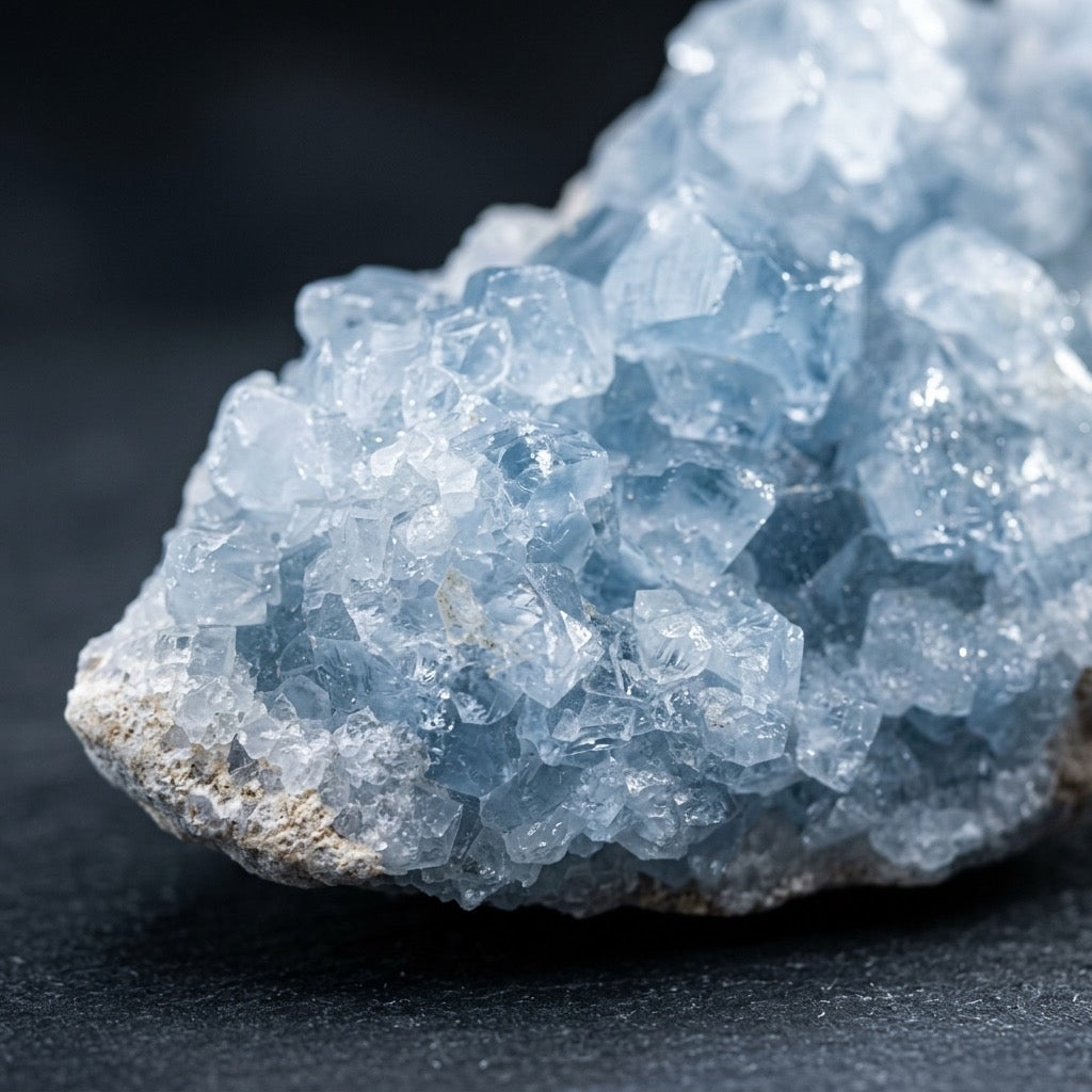 Blue Celestite Crystal Cluster — Pale Sky Blue, Natural Formation, 389g — detail view