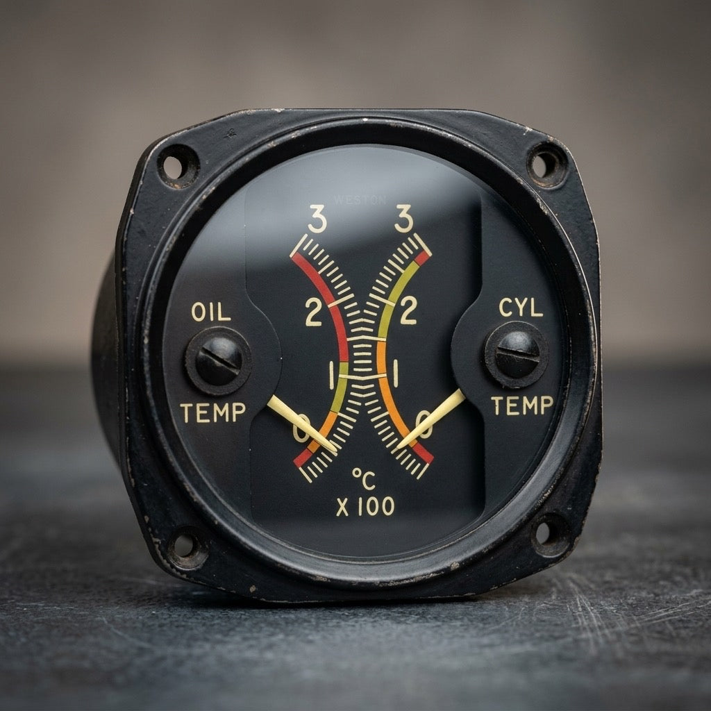 Weston Dual Oil & Cylinder Head Temperature Gauge — Vintage Aircraft Instrument — detail view